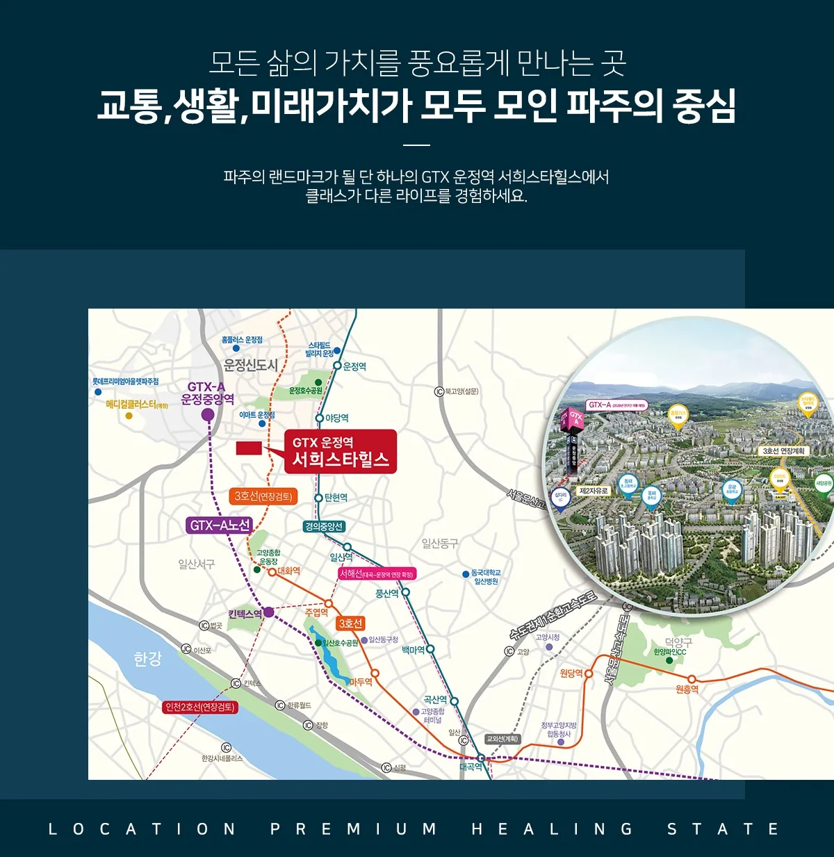 파주 운정역 서희스타힐스 입지환경 지도 - GTX-A 운정중앙역, 경의중앙선